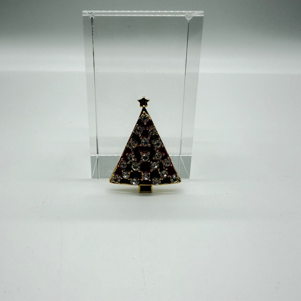 Vintage Christmas Tree Brooch Gold Tone Red Green Enamel Rhinestone Holiday Pin